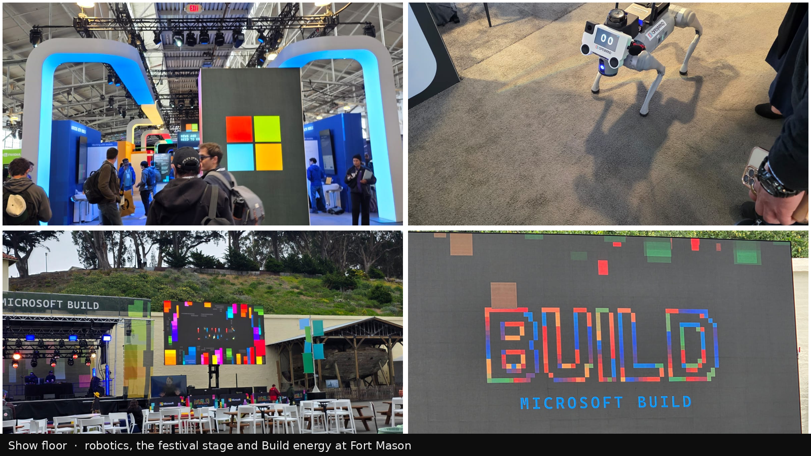 The Microsoft Build 2026 show floor at Fort Mason: the Microsoft four color logo wall and arches, an OpenMind robot dog drawing a crowd, the outdoor festival stage, and the pixelated Build screen